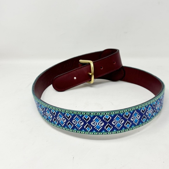 TUCKER BLAIR Men’s Blue Multi Needlepoint & Leather Hand Stitched Belt Size 30 - Picture 2 of 7